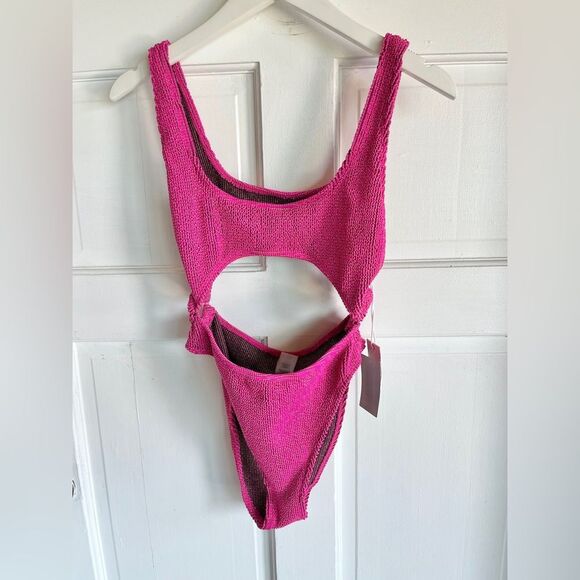 Nwt Good American Always Fits Sculpt Monokini Swimsuit Fuschia Pink Ribbed - Picture 3 of 8